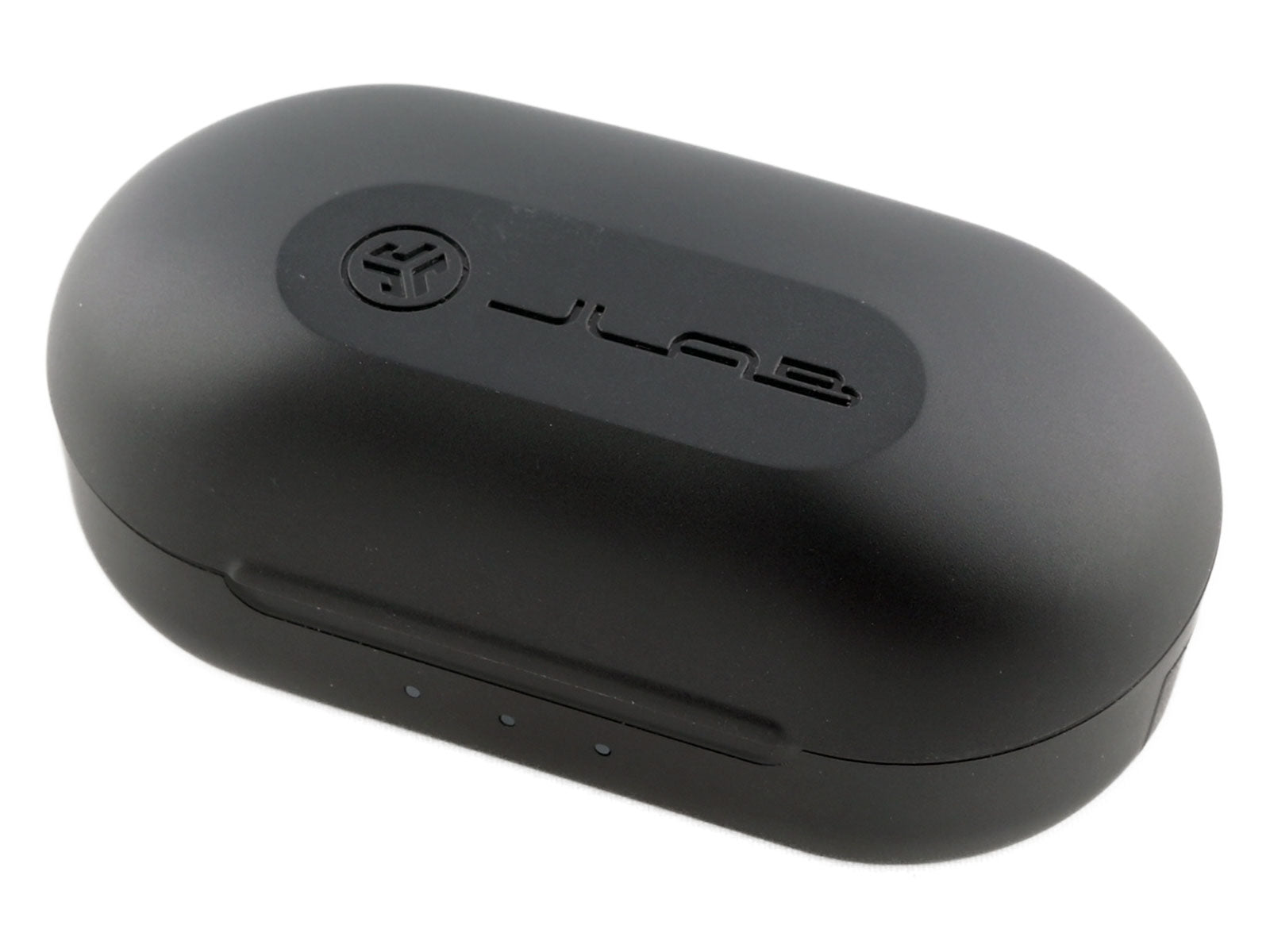 JLab JBuds Air Pro True Wireless Earbuds In-Ear Kopfhörer Auf weißem Hintergrund ist ein schwarzes, längliches JLab-Ladeetui geschlossen. Auf der Oberseite sind das JLab-Logo und der stilisierte Text „JLab“ zu sehen.