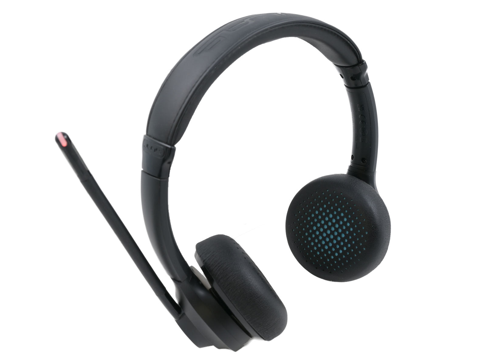 JLab Go Work Wireless & Wired On-Ear Headset Schwarzer Over-Ear-Kopfhörer mit gepolstertem Kopfbügel und integriertem Mikrofon mit Mute-Leuchte vor der rechten Ohrmuschel. Die Ohrmuscheln verfügen über ein perforiertes Design mit sichtbaren blauen Akzenten.